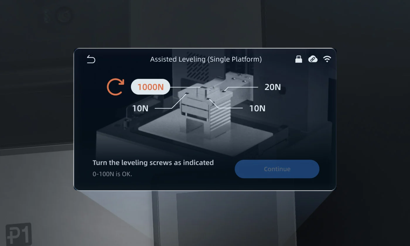 Leveling-AssistDisplays real-time force values at four corners for fine-tuning.